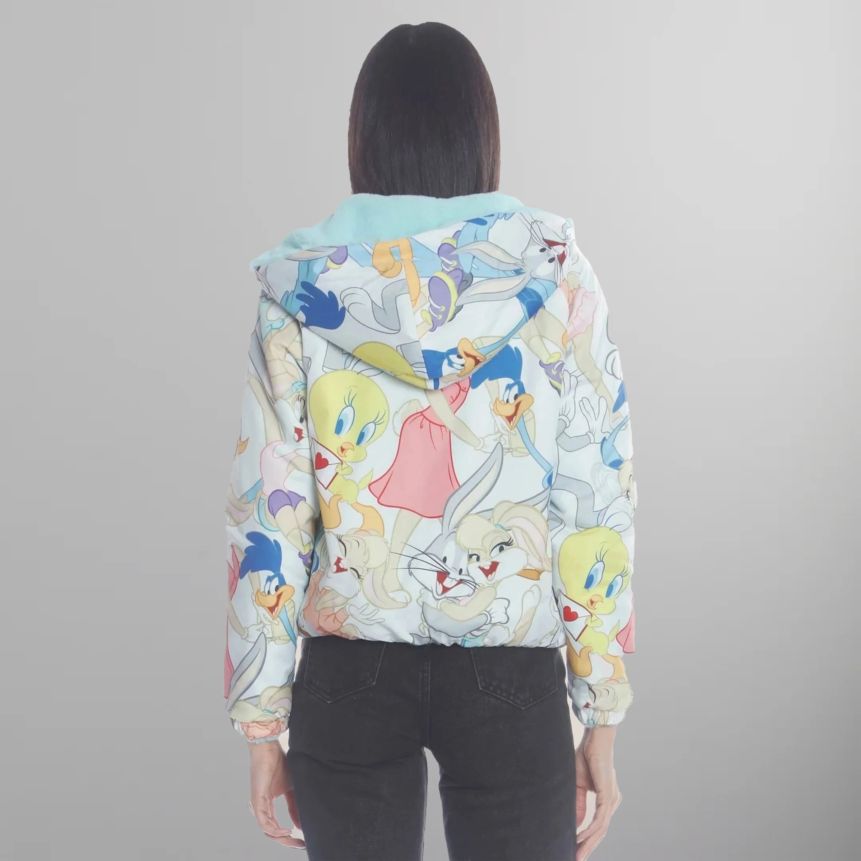 Women's Faux Rabbit Fur Reversible Bomber Looney Tunes Satin Mashup Print Lining Jacket - FINAL SALE Womens Jacket Members Only 