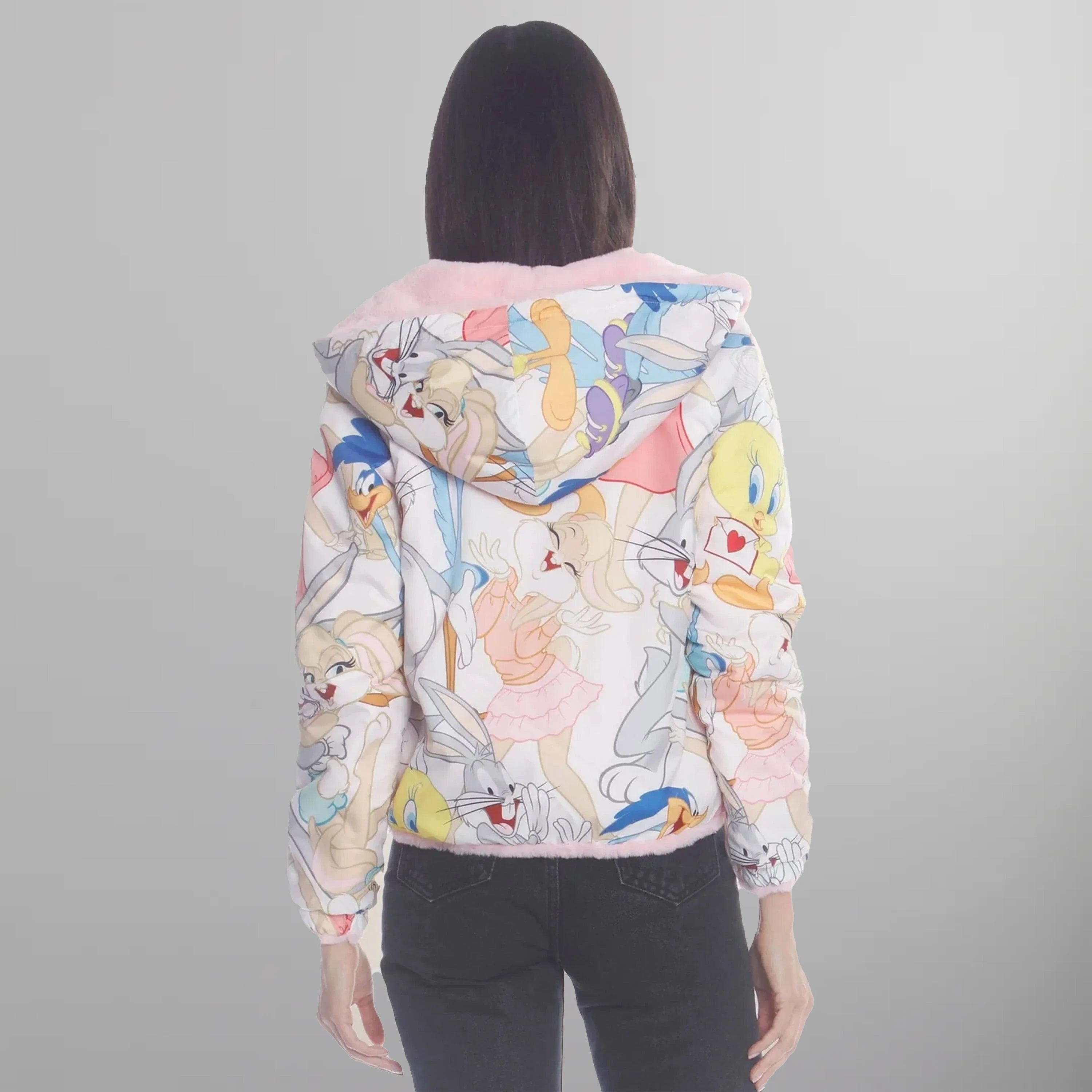 Women's Faux Rabbit Fur Reversible Bomber Looney Tunes Satin Mashup Print Lining Jacket - FINAL SALE Womens Jacket Members Only 