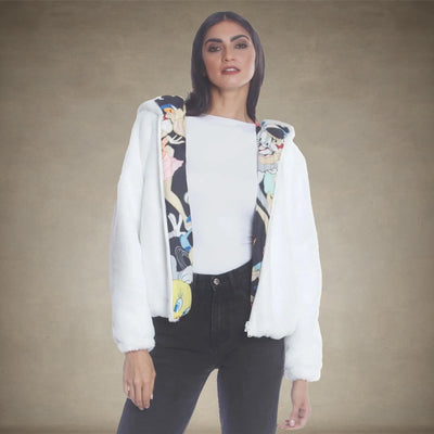 Womens Plush Faux Rabbit Fur Reversible Bomber Jacket with Looney Tunes Satin Mashup Print Lining - FINAL SALE