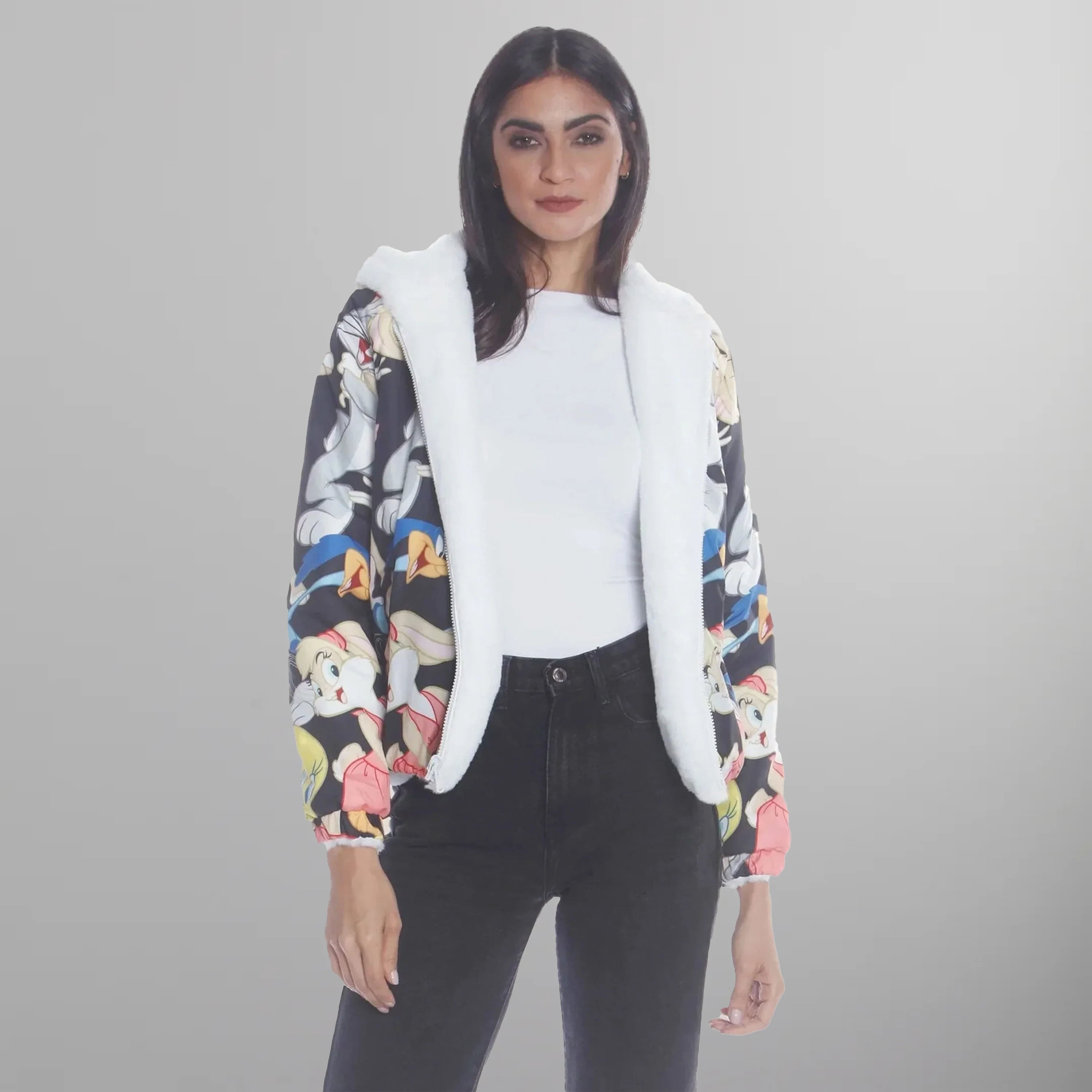 Women's Faux Rabbit Fur Reversible Bomber Looney Tunes Satin Mashup Print Lining Jacket - FINAL SALE Womens Jacket Members Only 