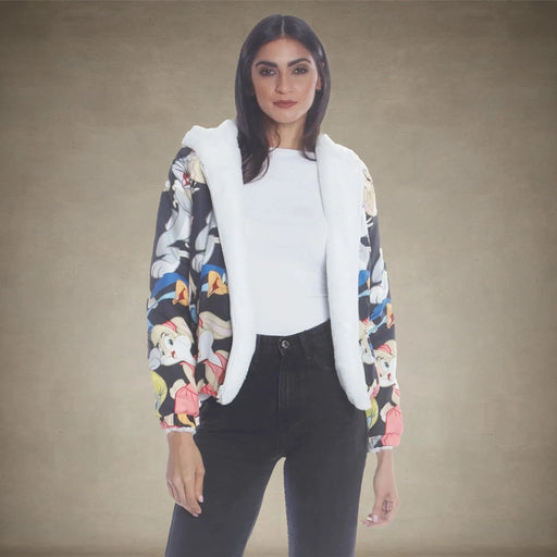 Women's Faux Rabbit Fur Reversible Bomber Looney Tunes Satin Mashup Print Lining Jacket - FINAL SALE Womens Jacket Members Only® 