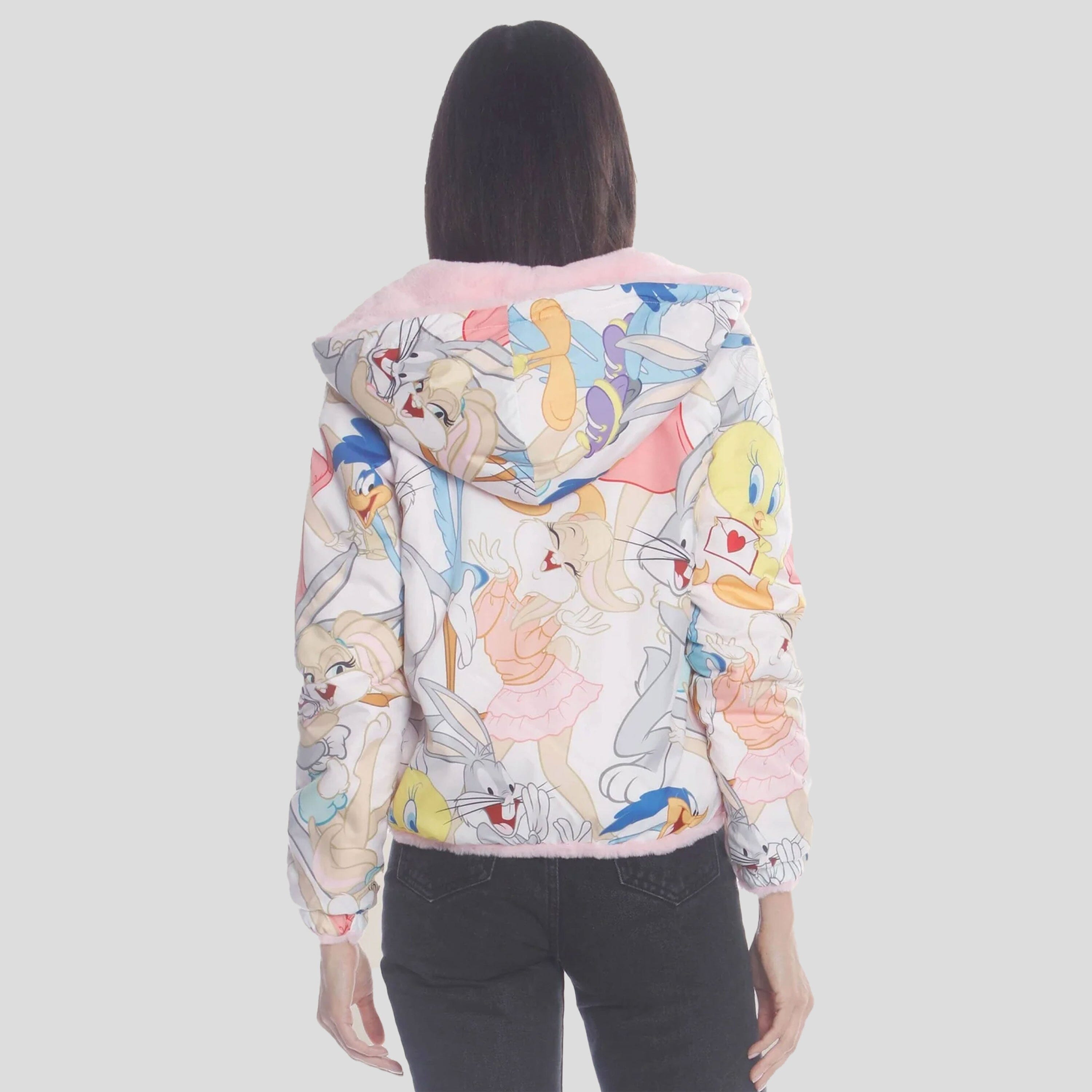 Women's Faux Rabbit Fur Reversible Bomber Looney Tunes Satin Mashup Print Lining Jacket - FINAL SALE Womens Jacket Members Only 