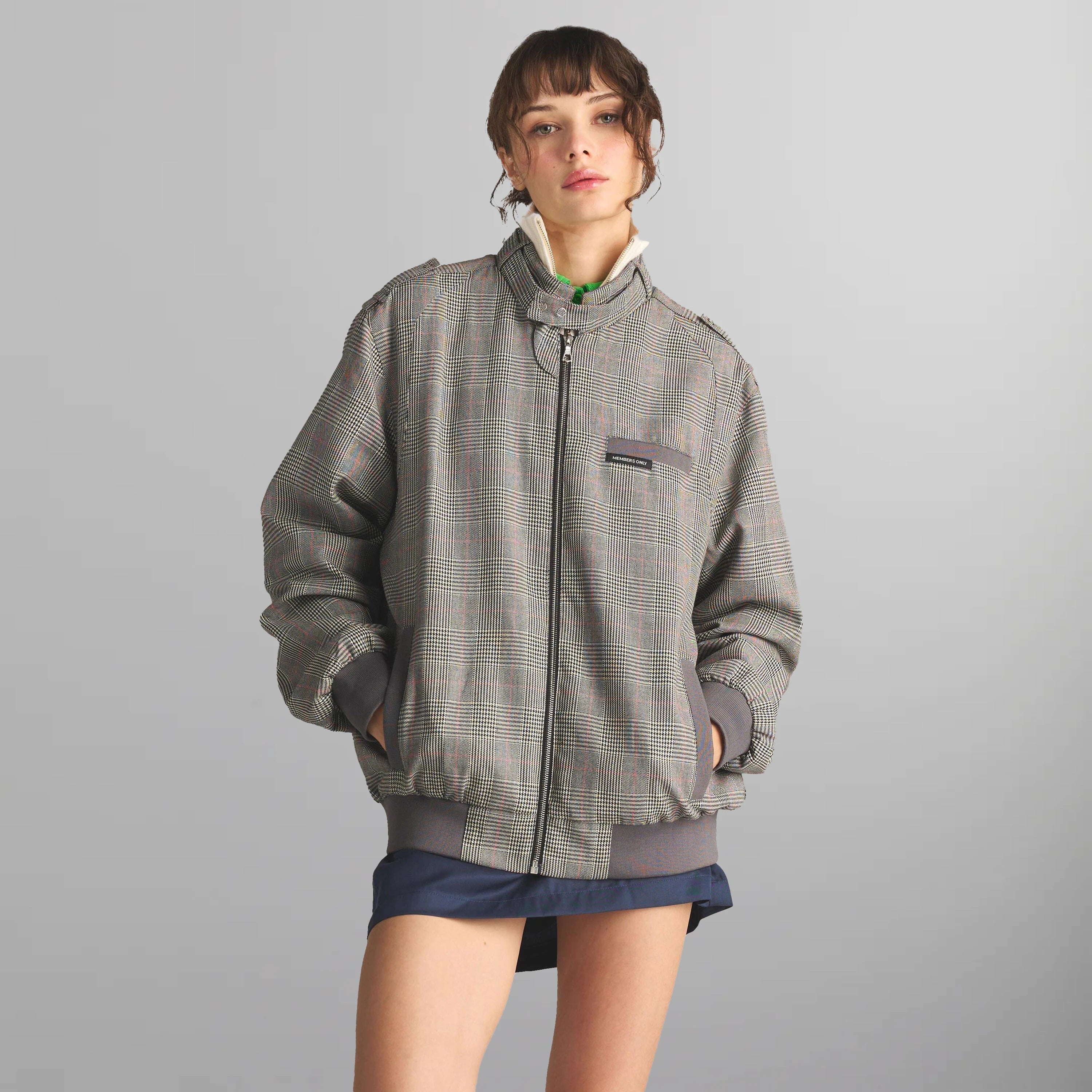 Women's Anderson Glen Plaid Oversized Jacket Women's Iconic Jacket Members Only Grey Print Small 