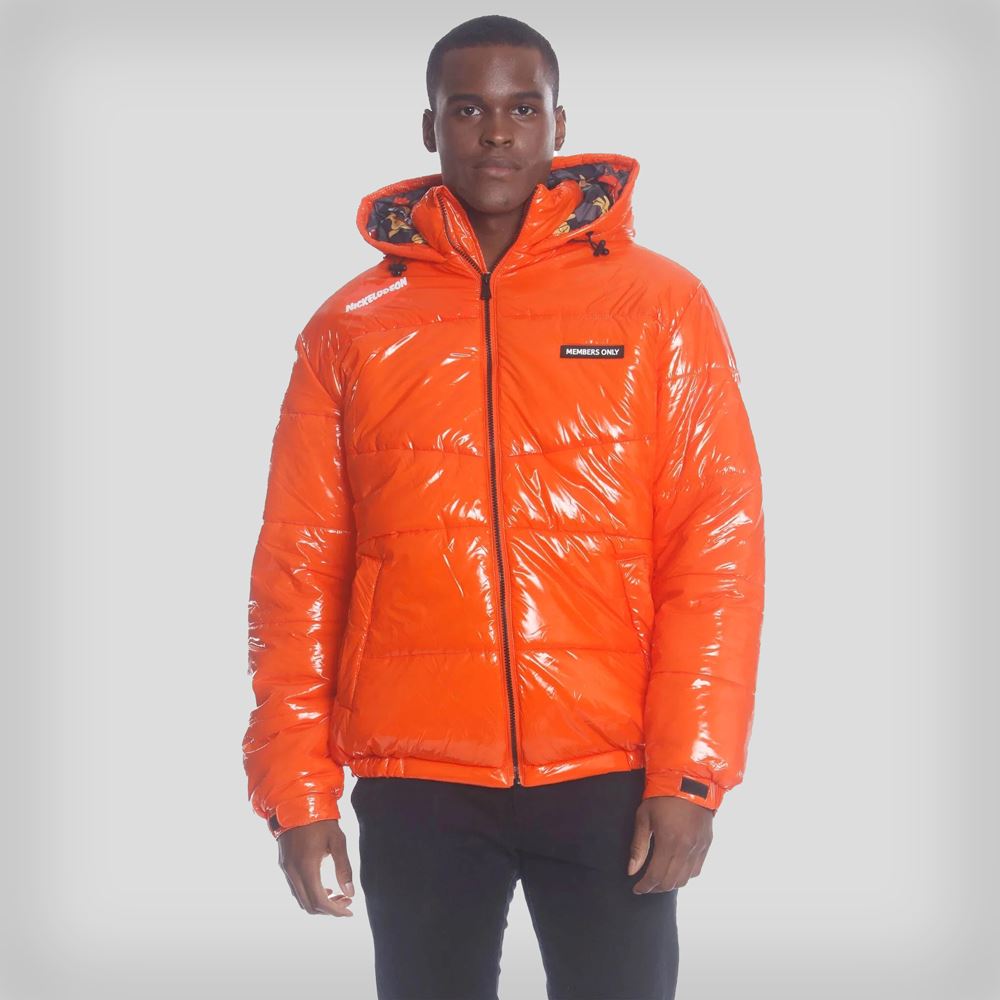 Men's Nickelodeon Shiny Collab Puffer Jacket - FINAL SALE Men's Jackets Members Only Orange Small 