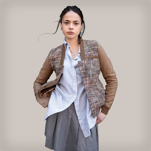 Women's Updated Tweed Varsity Jacket with Contrast Sleeve Womens Jacket Members Only CAMEL Large 