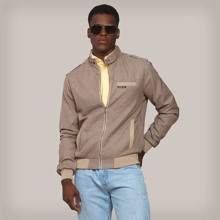 Men's Clinton Houndstooth Iconic Racer Jacket Men's Iconic Jacket Members Only Beige Print Small 