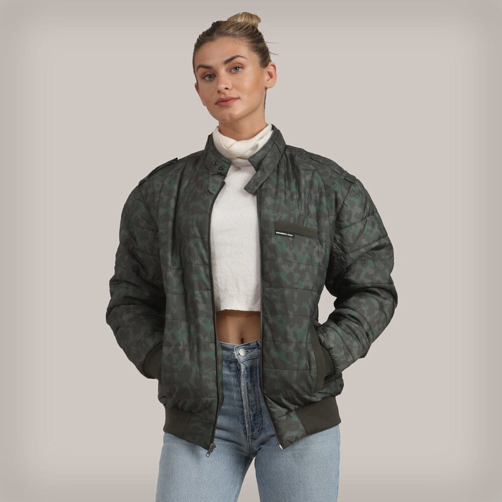 Women's SoHo Oversized Quilted Jacket Women's Iconic Jacket Members Only Olive Camo Small 