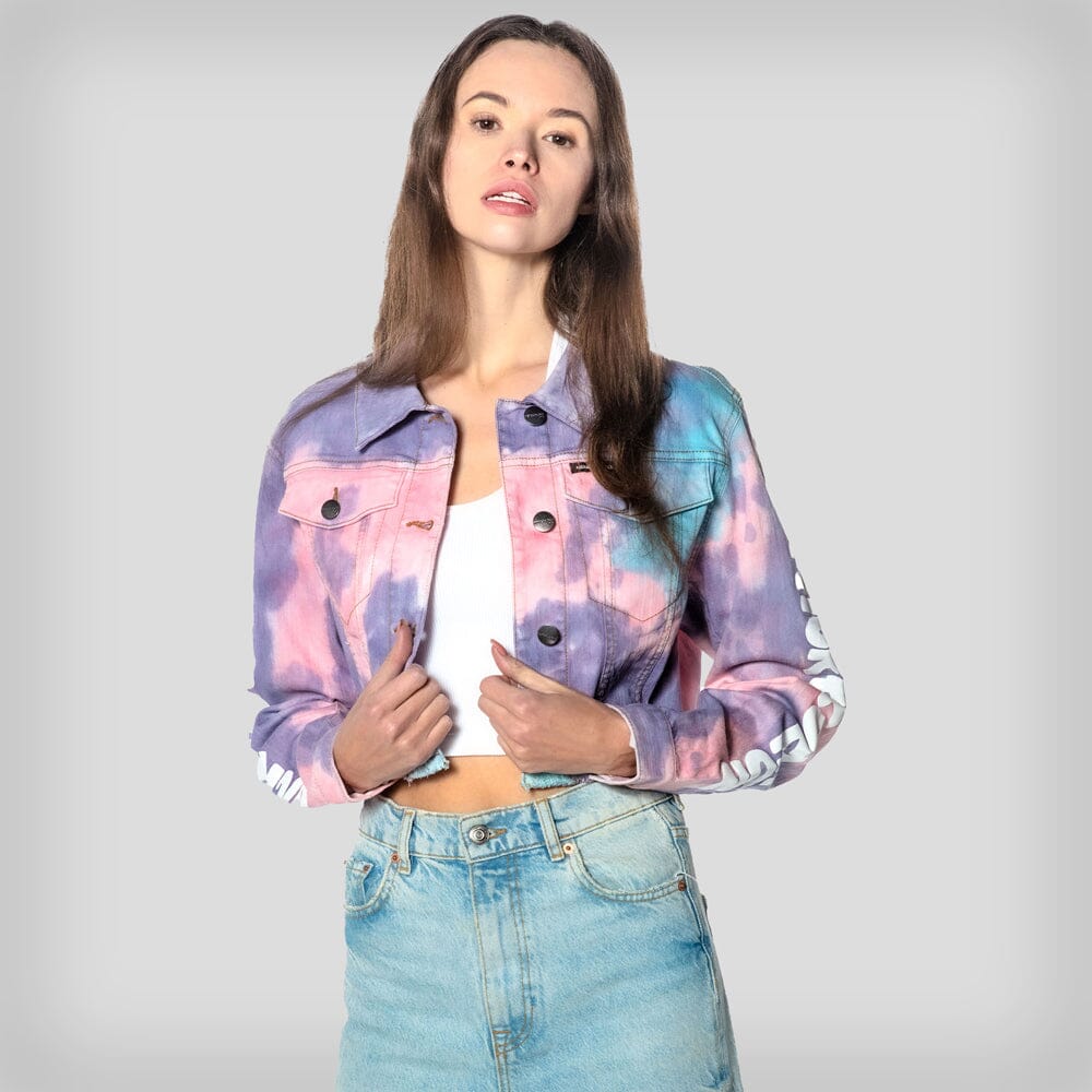 Women's Rugrats Tie-Dye Frayed Crop Denim Jacket - FINAL SALE Womens Jacket Members Only Purple SMALL 