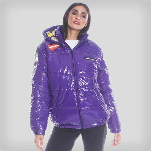 Women's Nickelodeon Shiny Collab Puffer Oversized Jacket - FINAL SALE Womens Jacket Members Only Purple Small 