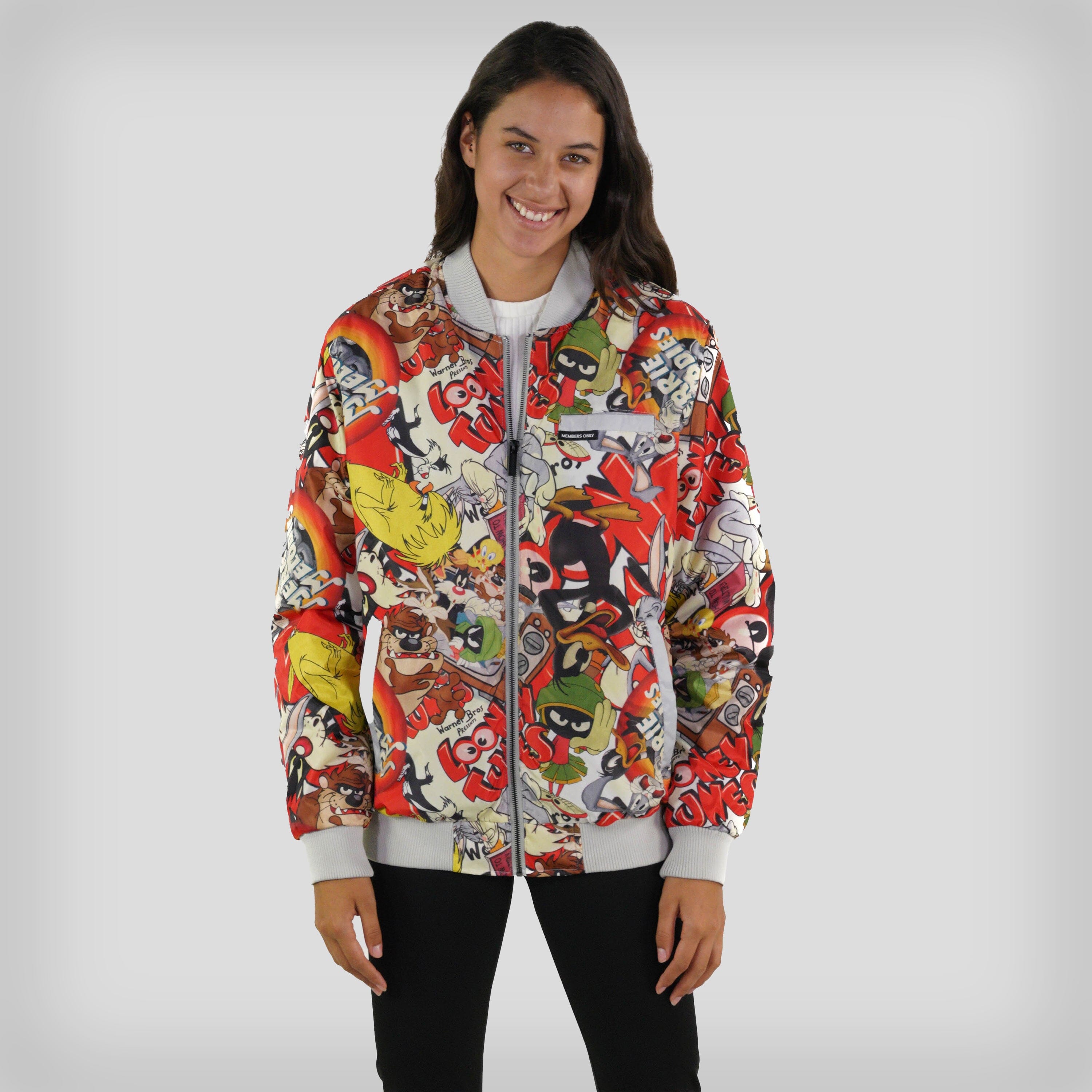 Women's Looney Tunes Vintage Mash Print Oversized Jacket - FINAL SALE Womens Jacket Members Only SILVER Small 