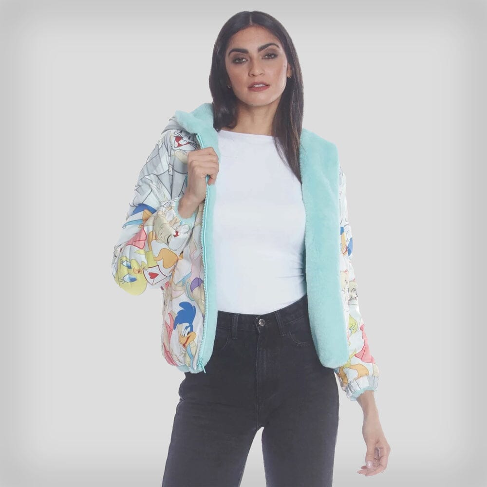 Women's Faux Rabbit Fur Reversible Bomber Looney Tunes Satin Mashup Print Lining Jacket - FINAL SALE Womens Jacket Members Only Mint SMALL 