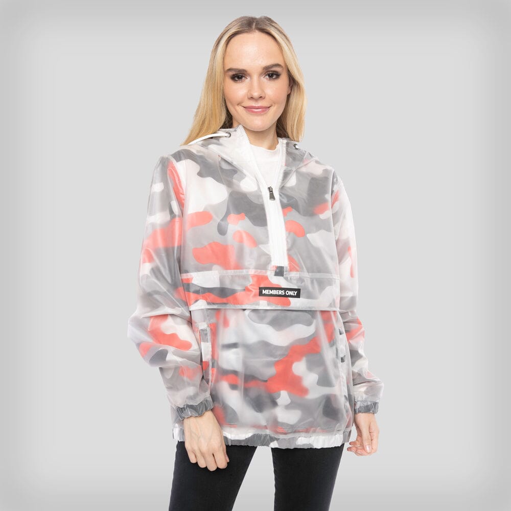 Women's Translucent Camo Print Popover Oversized Jacket - FINAL SALE Womens Jacket Members Only Orange Large 