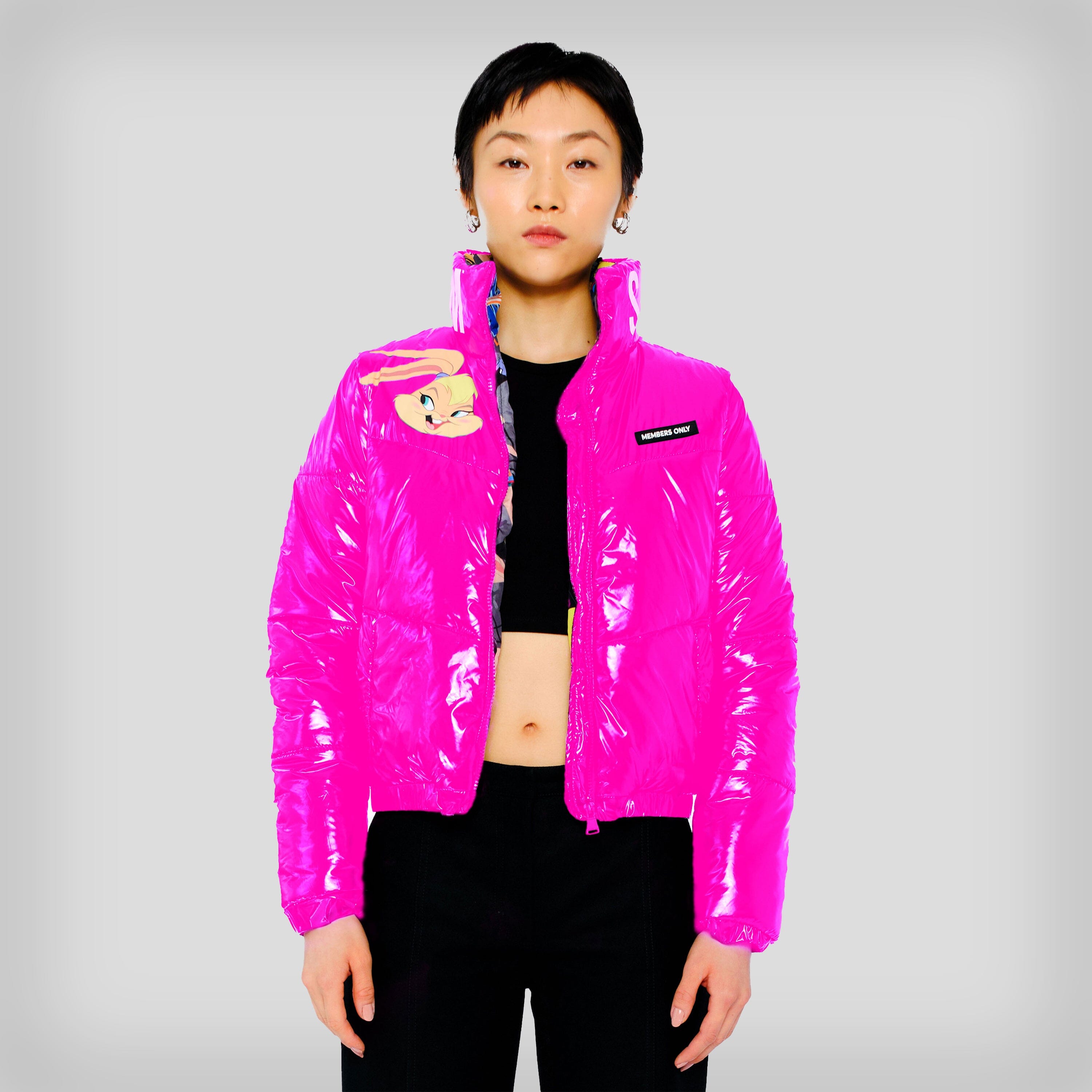Women's Space Jam High Shine Puffer with Printed Jacket - FINAL SALE Womens Jacket Members Only Pink SMALL 