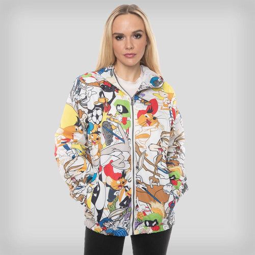 Women's Looney Tunes Collab Print Windbreaker Oversized Jacket - FINAL SALE jacket Members Only Official White Large 