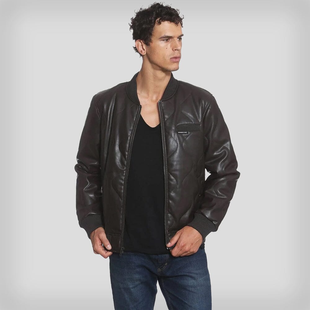 Men's Faux Leather Oval Quilted Bomber Jacket - FINAL SALE Men's Jackets Members Only Dark Brown Small 