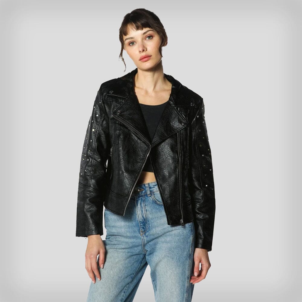 Women's Faux Leather Studded Biker Jacket - FINAL SALE Womens Jacket Members Only Black X-Small 