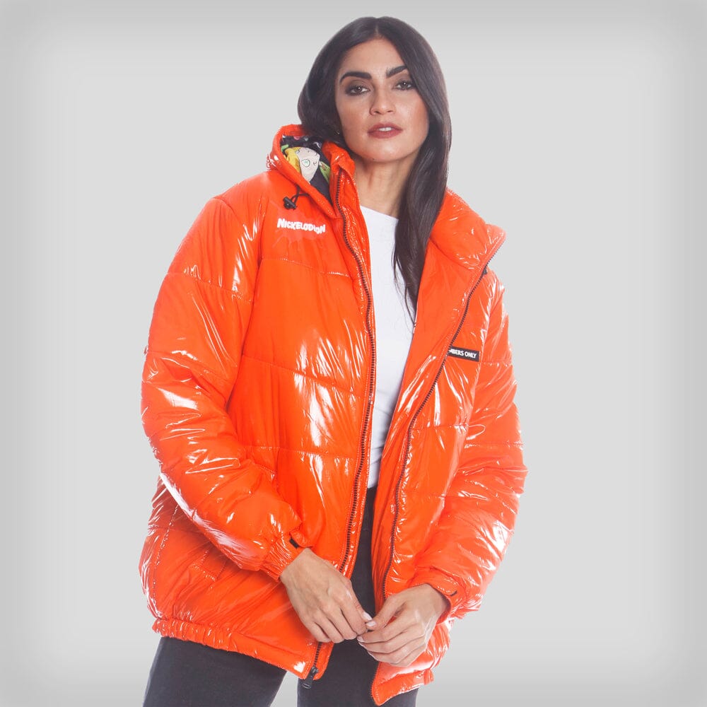 Women's Nickelodeon Shiny Collab Puffer Oversized Jacket - FINAL SALE Womens Jacket Members Only Orange Small 