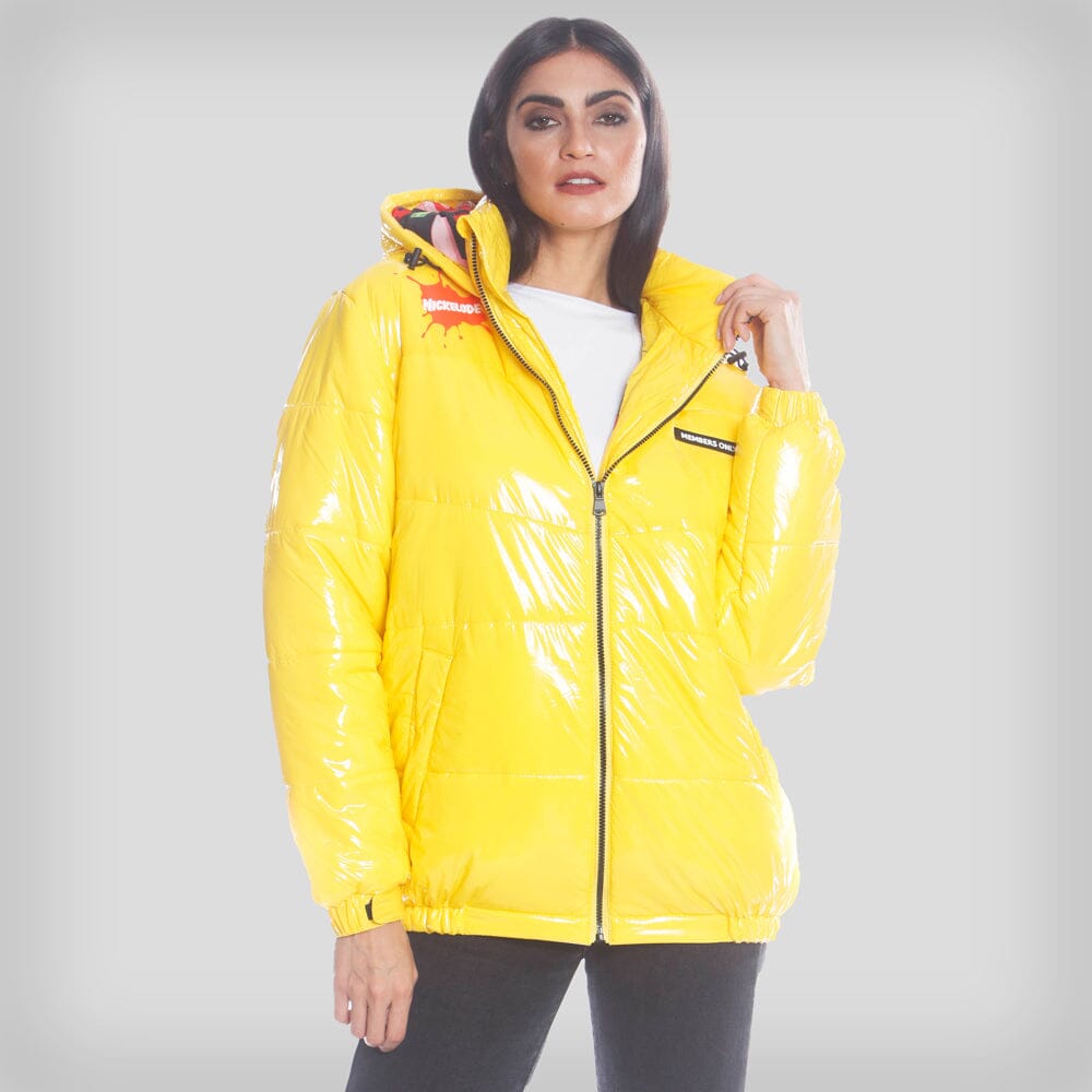 Women's Nickelodeon Shiny Collab Puffer Oversized Jacket - FINAL SALE Womens Jacket Members Only Yellow Small 