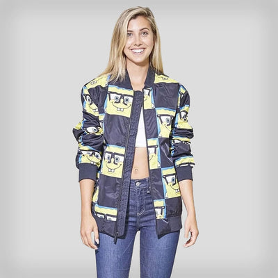 Women's Nickelodeon SpongeBob Bomber Oversized Jacket - FINAL SALE Womens Jacket Members Only Black X-Small 