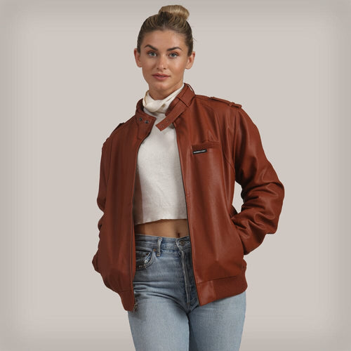 Women's Faux Leather Iconic Racer Oversized Jacket Women's Iconic Jacket Members Only Cognac 2X-Large 