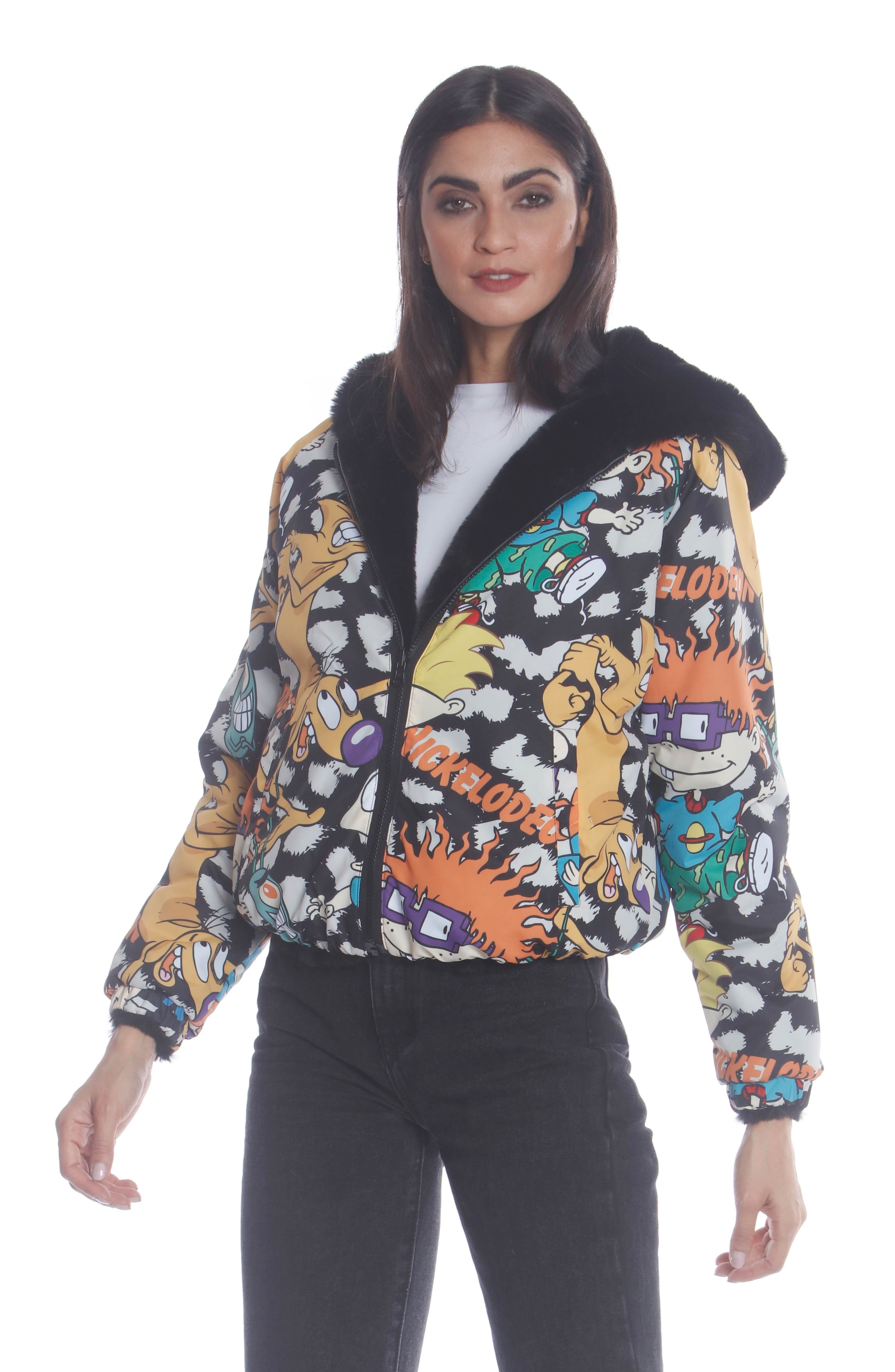 Women's Plush Faux Rabbit Fur Reversible Bomber with Looney Tunes Satin Mashup Print Lining Jacket Womens Jacket Members Only Official 