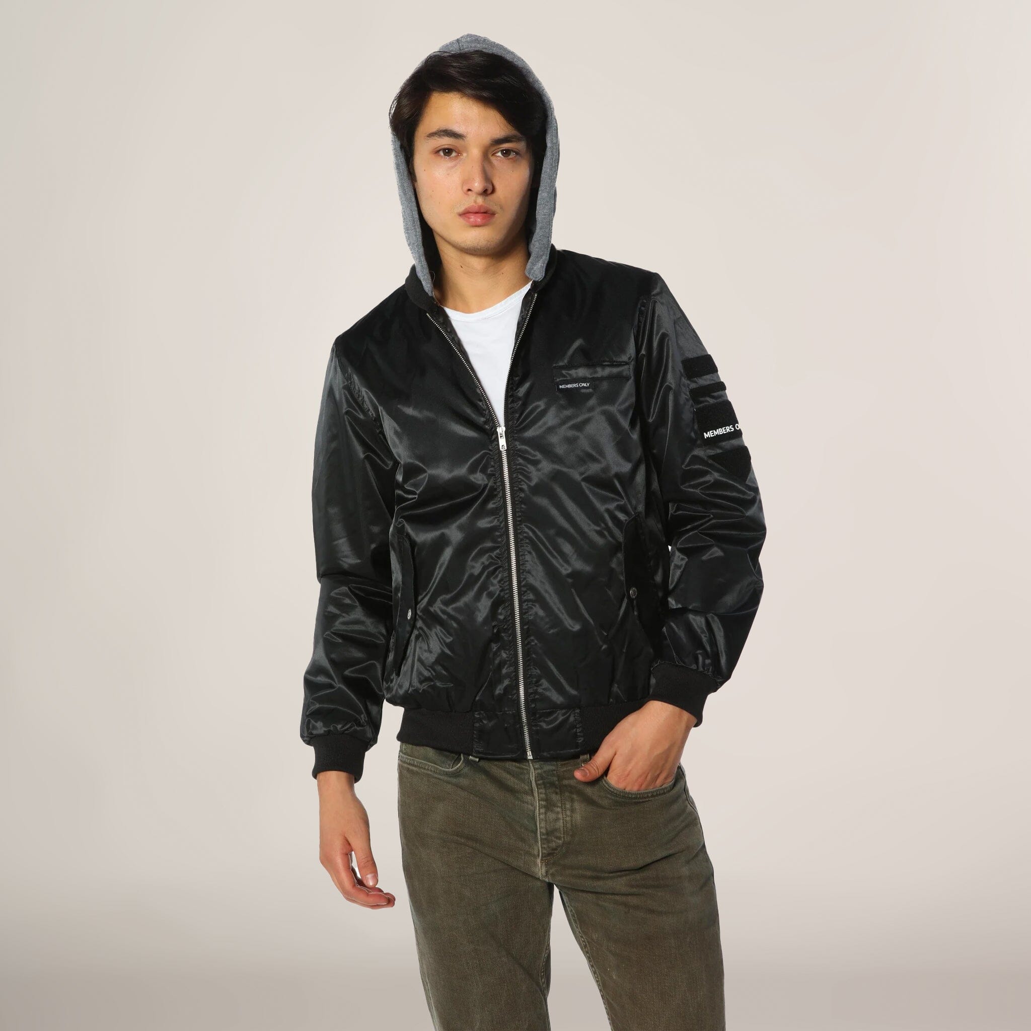 Men's Flight Satin Twill Hooded Jacket Bomber Jacket Members Only Official 