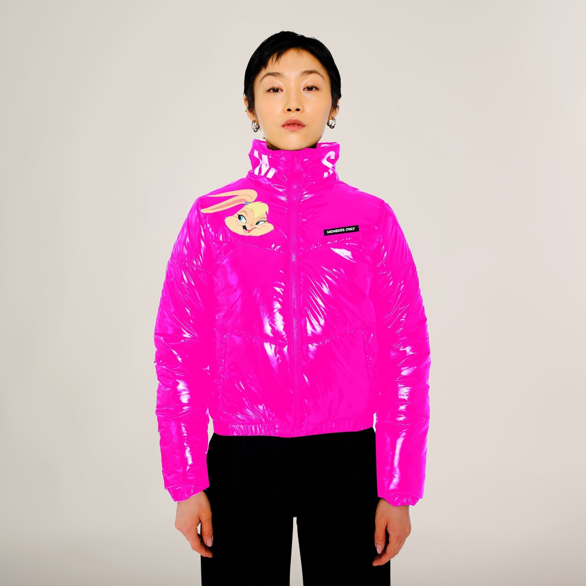 Women's Space Jam High Shine Puffer with Printed Lining Jacket Womens Jacket Members Only Official Pink SMALL 